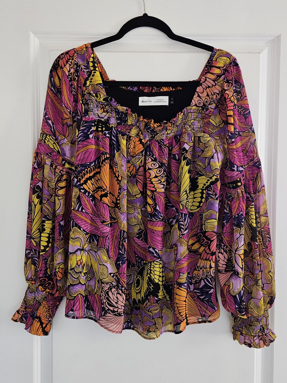 Anthropologie Alexandra Farmer Floral Butterfly Puff Sleeve Blouse size M